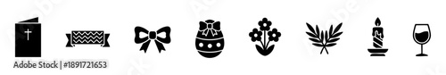 Minimal Easter icons: greeting card, candy, bow, egg, flowers, palm leaves, candle, and wine glass.