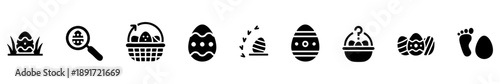 Minimal Easter egg hunt icons: hidden eggs, footprints, baskets, magnifying glass, and festive patterns.