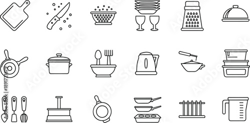 Kitchen utensils icons set, cutting board, knife, colander, dishes, glasses, grater, pan, pot, utensils holder, kettle, storage containers