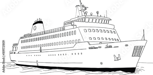 Large passenger cruise ship line art, ferry boat illustration, nautical transportation design, ocean travel concept, maritime vessel drawing, black white outline