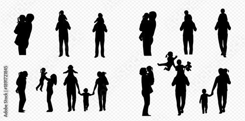 Set of black silhouettes of parents and children in various poses, depicting family life and bonding.