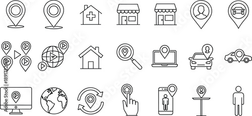 Location icons set, GPS navigation symbols, map marker outline, travel direction, global positioning, destination search, mobile tracking, car, house, people
