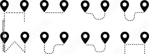 Location icons set, map route symbols, GPS navigation outline, travel direction, destination path, wayfinding, journey, road, trip, connection