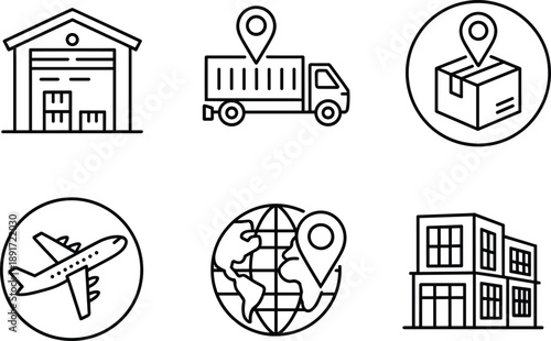 Logistics and delivery icons set, warehouse, shipping truck, package tracking, air freight, global shipping, location pin, delivery service symbols