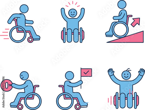 Set of Icons Depicting People in Wheelchairs and Mobility Aids accessibility disability