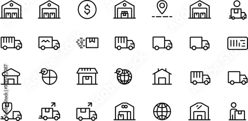 Logistics line icon set, warehouse delivery icons, cargo truck vector symbols, global shipping, freight transport, parcel tracking illustrations