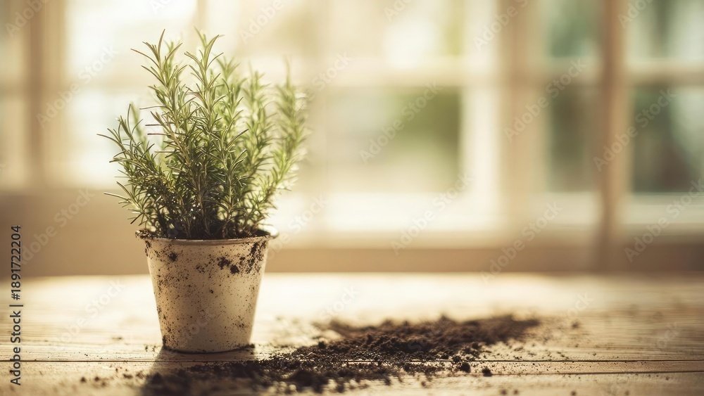 Fototapeta premium A small rosemary plant in a white pot sits on a wooden table with spilled soil, by a sunlit window. Concept Rosemary plant, White pot, Sunlit window, Wooden table, Spilled soil