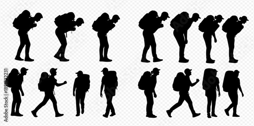 Set of male hiker silhouettes with backpacks in various walking and bending poses, isolated on transparent background for outdoor adventure designs.