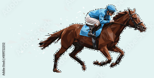 Low poly style horse jockey racing illustration, geometric running horse with rider, polygonal speed concept, digital artwork, equestrian sport vector background, dynamic motion