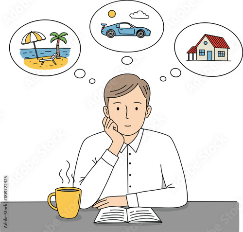 Man dreaming of luxury lifestyle with vacation, car, and house, vector illustration showing financial goals, motivation, personal ambition, future planning, wealth vision concept