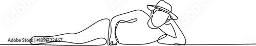 Man laying down wearing hat, relaxing pose, continuous line drawing, minimal art style, rest concept, leisure, vector illustration, casual mood