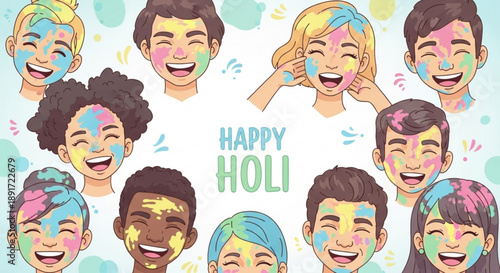 Diverse group of happy people celebrating holi with colorful faces