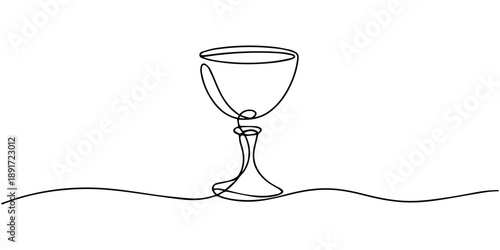 Continuous one line drawing of Holy Communion symbols with chalice, chalice continuous one line drawing