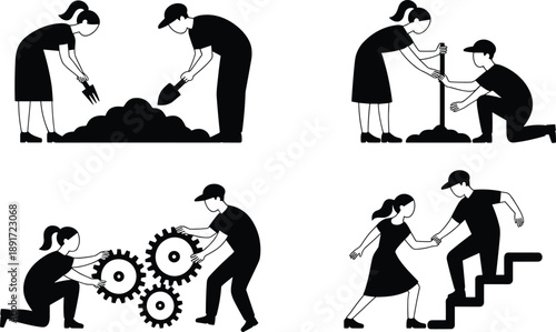 Collaborative Silhouettes of Man and Woman – Gardening, Engineering, and Support Scenes for Teamwork, Mutual Assistance, and Cooperative Effort Illustration Use
