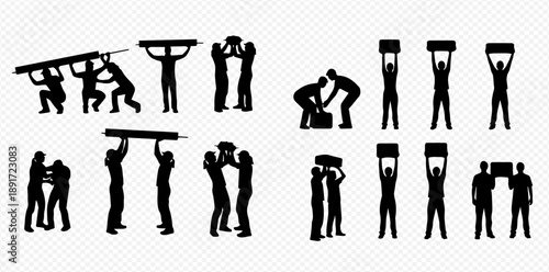 Silhouettes of people working together, lifting and carrying objects, representing teamwork and collaboration.