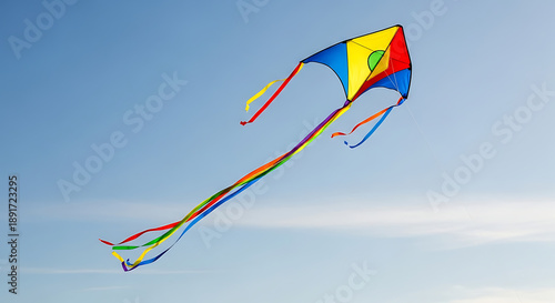 Vibrant kite soaring in clear blue sky