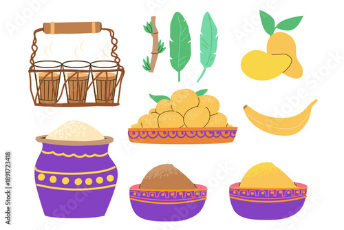 Indian national food and tea set. Ladoo, rice pot, spices, banana and leaves, sugarcane, mango fruit. Set for india harvest holidays.