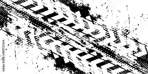 Grunge tire track, wheel braking marks. Truck, car or motorcycle tread pattern silhouette. Auto race, motorsport, speed racing design element. Vector illustration