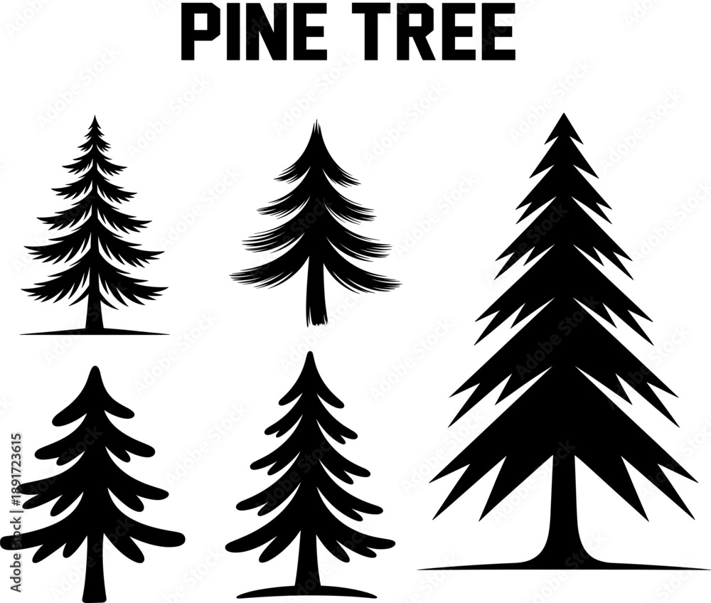 Fototapeta premium Diverse Collection of 5 Pine Tree Silhouettes Vector Icons - Evergreen Forest Black Graphics Bundle for Logos, Camping, Outdoor Adventure, and Holiday Decoration