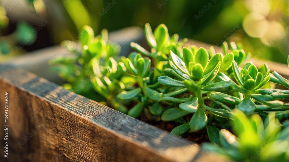 Obraz premium Bright green succulents growing in a wooden planter box. Concept Succulents close-up, Wooden planter, Bright green foliage, Garden decor, Indoor/outdoor plants
