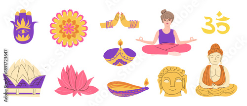 Indian yoga and culture symbols set. Vector cartoon flat illustration isolated. Woman in meditation and yoga, buddha, religion elements set. Colorful lanterns, religion symbols. Yoga travel concept.