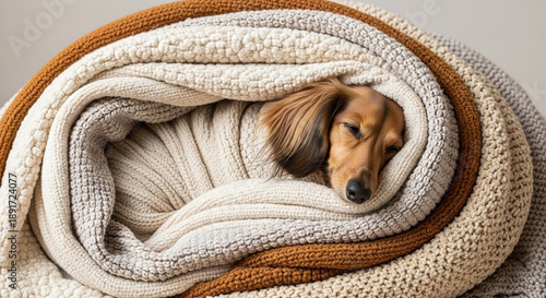 Dog snuggling under a cozy knit blanket
