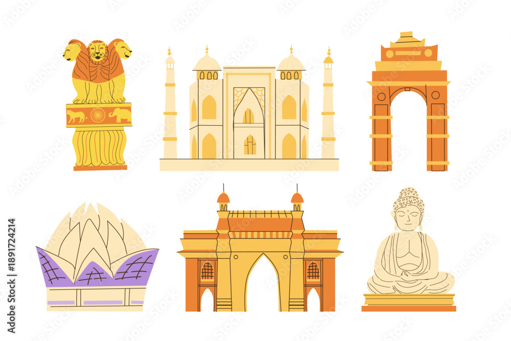 Fototapeta premium Vector set of India landmarks and famous objects. India Gateway, Lotus temple, Buddha in Bodhgaya, Ashoka emblem, Taj Mahal. Indian monuments and building, national symbols set.