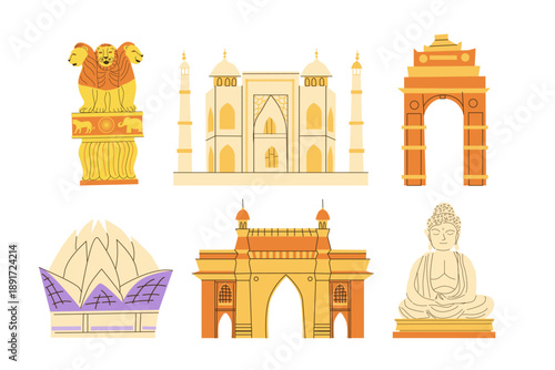 Vector set of India landmarks and famous objects. India Gateway, Lotus temple, Buddha in Bodhgaya, Ashoka emblem, Taj Mahal. Indian monuments and building, national symbols set.