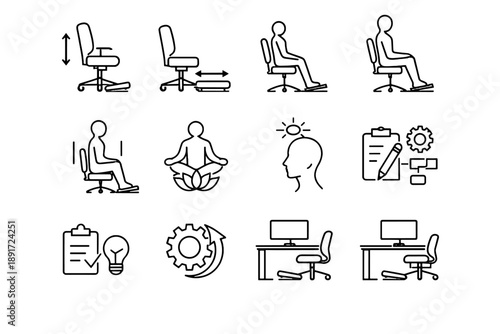 Desk seat focus minimalist setup balanced icon posture footrest vector logic calm