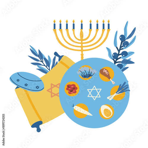 Happy passover composition with seder plate and other jewish holiday symbols. Vector illustration in cartoon flat style.