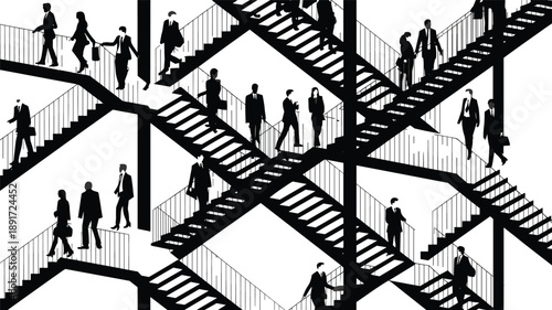 Escher-Inspired Staircase Silhouettes with Business Figures – Complex Architectural Illustration of Movement, Interaction, and Professional Routine for Corporate and Spatial Design Use