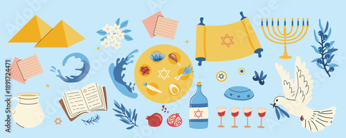 Happy Passover vector icons set. Set of seder plate, matzah, pigeon, torus and menorah, wine and waves. Design elements for jewish holiday. Cartoon flat illustration on blue background.