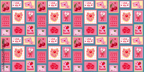 Romantic Coquette Vector Pattern Featuring Cherries and Flowers. VIntage Stamps Dainty Vector Illustration