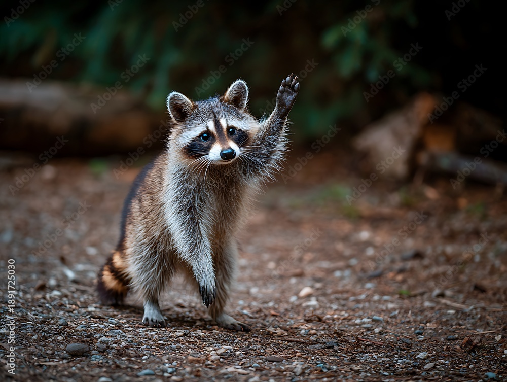 Obraz premium Adorable baby raccoon standing on hind legs with a raised paw in a forest, symbolizing curiosity, friendly greeting, wildlife wonder, and playful nature exploration.