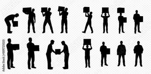 Set of black silhouettes of people carrying and handling boxes, depicting various actions like lifting, holding, and delivering packages.