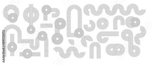 Zen arch set of patterns and abstract circles and organic shapes. Linear black stroke designs, arches in modern bohemian aesthetic style, suitable for wall art. Vector illustration isolated.