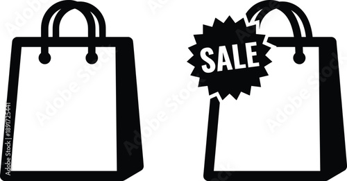 Shopping bag icon set with plain and “SALE” label design in bold black and white silhouette.