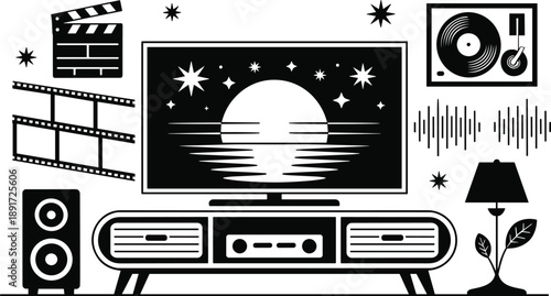 Multimedia Entertainment Console Silhouette – TV with Sunset Scene, Film and Music Decor for Home Theater, Audio-Visual Setup, and Interior Design Illustration Use