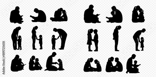 Collection of parent and child silhouette vectors depicting various interactions and bonding moments.