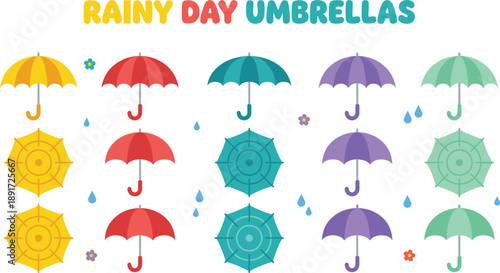 Rainy day umbrella icon set with colorful open and closed designs, raindrops, and floral accents in grid layout.