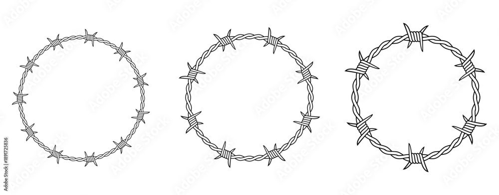 Obraz premium Round Circle Barbed Wire Frame Border Tattoo vector illustration set