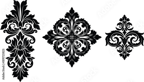 Black and white ornamental damask vector elements, baroque floral filigree patterns, elegant Victorian scrolls and rococo flourishes for luxury decorative design
