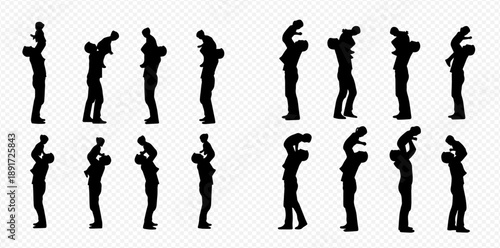 Silhouettes of a parent playing with a baby, lifting and holding the child in various positions.