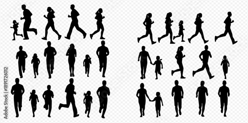 Collection of running and walking people silhouettes, including adults and children, depicted in various poses.
