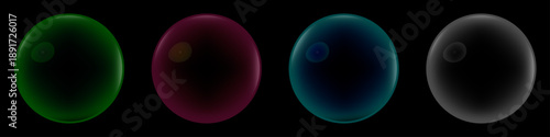 Set of four glossy glowing orbs in green magenta cyan black with transparency and highlights on dark background, abstract vector spheres.