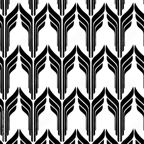 Black seamless pattern of stylized feather motifs with zigzag plumes in repeating geometric arrangement, abstract vector texture.