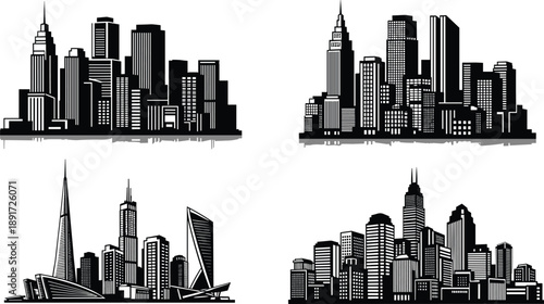 City Skyline Silhouette Vector Set, Modern Urban Skyscraper Architecture Icons, Metropolitan Building Exterior Outlines, Downtown Panorama Illustration Pack, Cityscape Design Elements