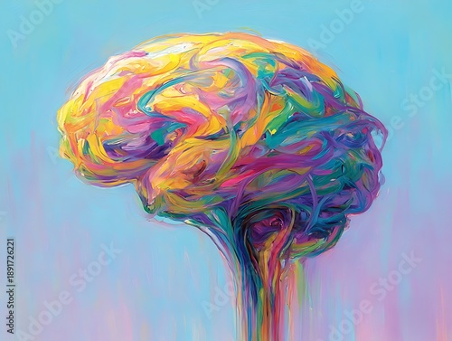 Abstract oil painting of a colorful tangled brain, symbolizing neurodiversity, autism spectrum, sensory processing, cognitive complexity, and unique minds.