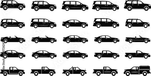 Collection of Car and Truck Silhouettes, Automotive Vehicle Side View Icons, SUV Sedan Pickup and Convertible Outlines, Transportation Industry Vector Graphics Pack