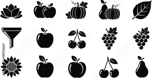 Autumn Harvest Fruit Silhouette Icon Set, Apple Pumpkin Grape Pear Cherry Vectors, Organic Food Healthy Eating Symbols, Seasonal Farm Agriculture Graphics Pack